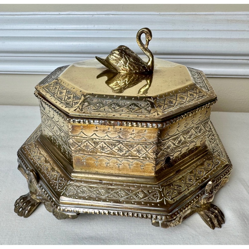Vintage Brass Swan Trinket Jewelry Box Etched Octagon Lion Feet Whimsigoth